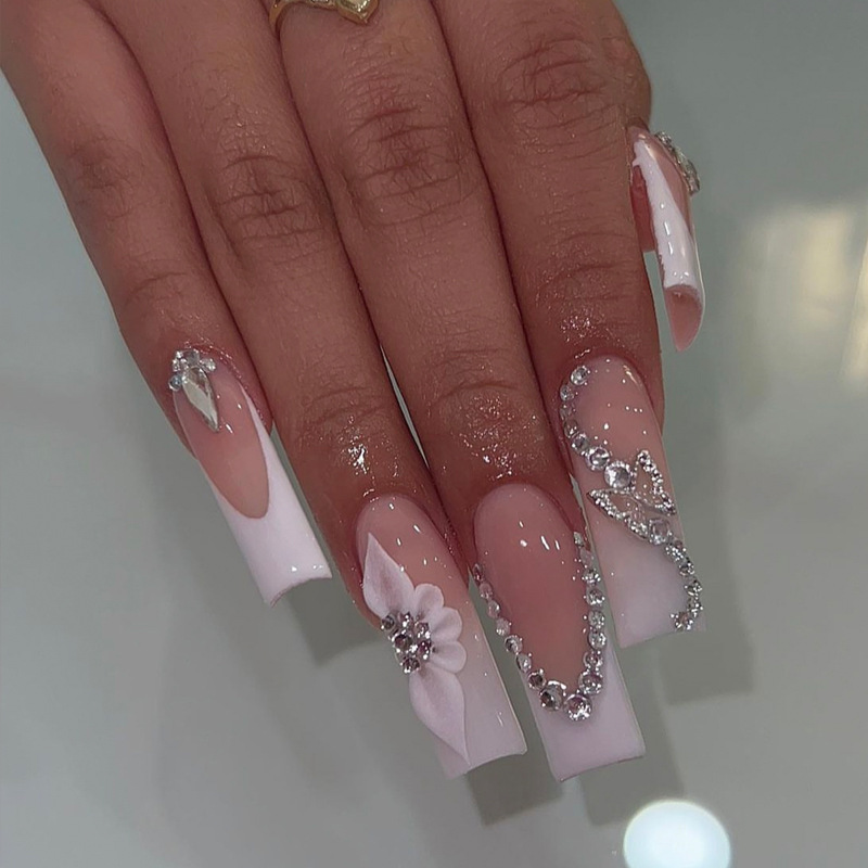 Wearable Nails, Foreign Trade Style, European Square Shape, French White Edge, Flower and Rhinestone Chain, Finished Fake Nails, 24 Pieces, Pure Handmade, Medium Length