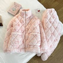 新款冬季三层夹棉睡衣女甜美卡通珊瑚绒加厚保暖少女家居服套装