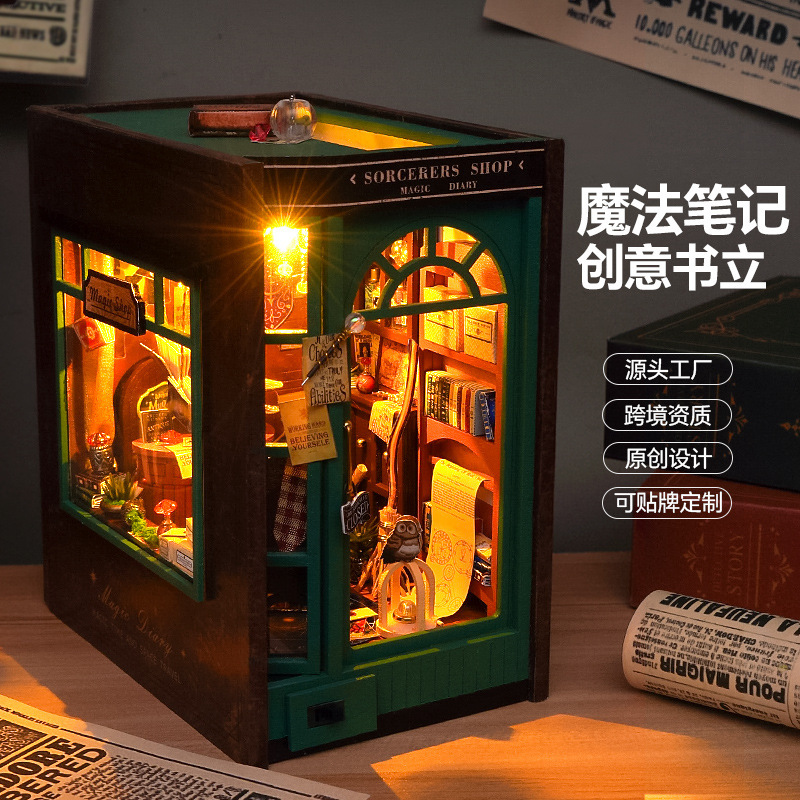 DIY Cabin Bookend Magic Night Light Ornament Hand-Assembled 3D Puzzle Model Boy Toy Wooden Educational Toy