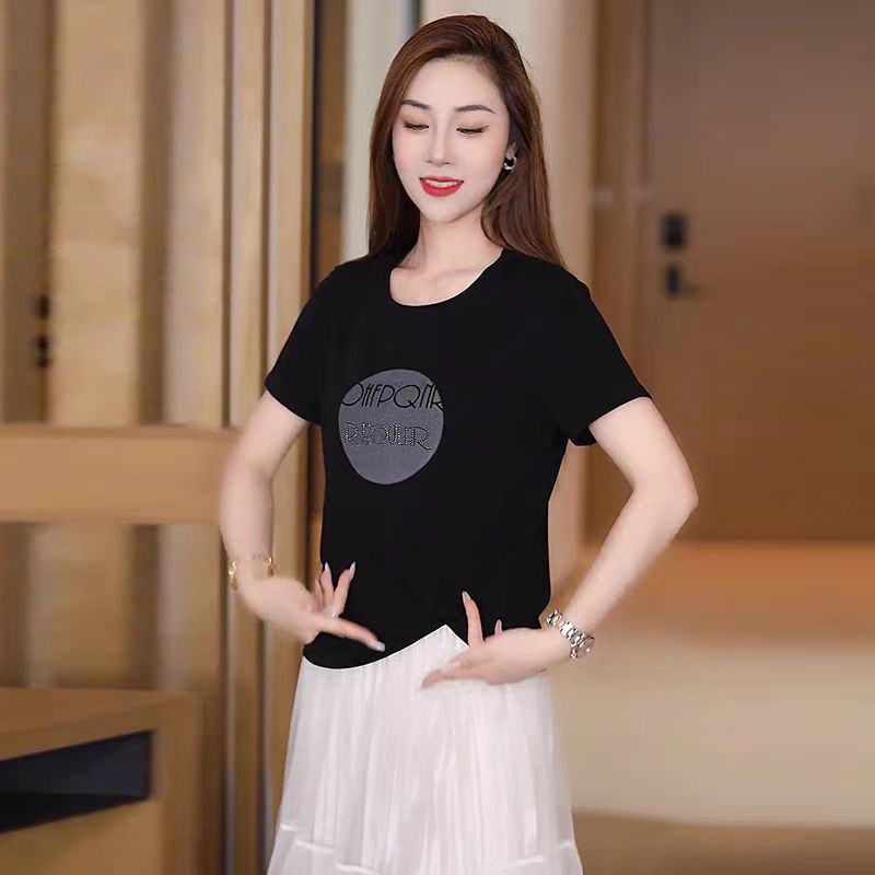 韩版夏季新款烫钻字母印花女士t恤短袖休闲时尚显瘦捏褶圆领上衣