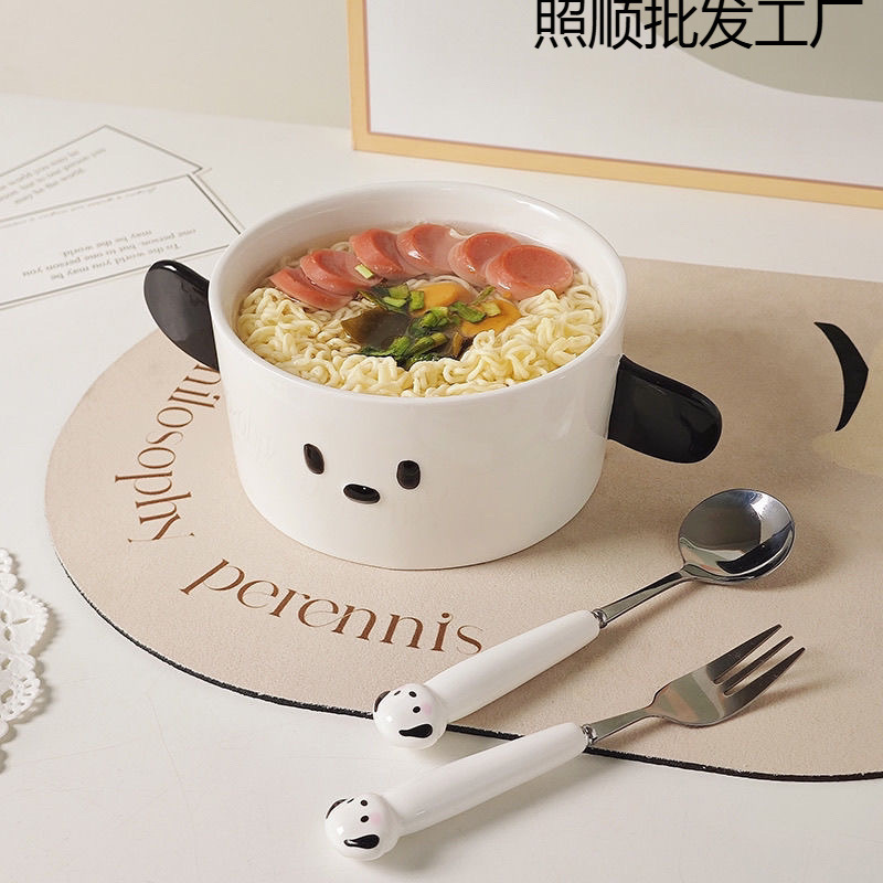 Trendy Cute Plate High-Value Style Pochacco Yogurt Salad Fruit Bowl Oatmeal Bowl Dormitory Double-Handle Bowl