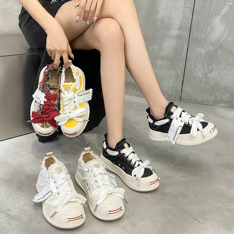 檀健次同款帆布鞋女2023新款开口笑松糕厚底乞丐小白鞋运动板鞋子
