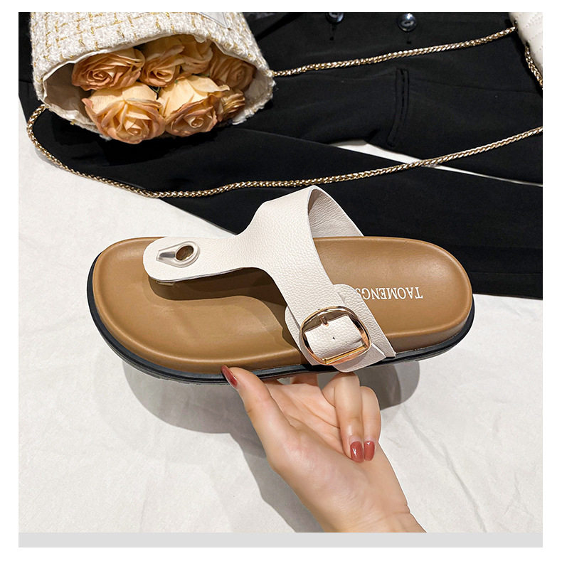 Dép sandal nữ quai ngang da bò thật đế dày phong cách Hàn Quốc — Màu Kaki mặt nhung, Màu đen mặt nhung, Trắng sữa vân vải chi tiết 35