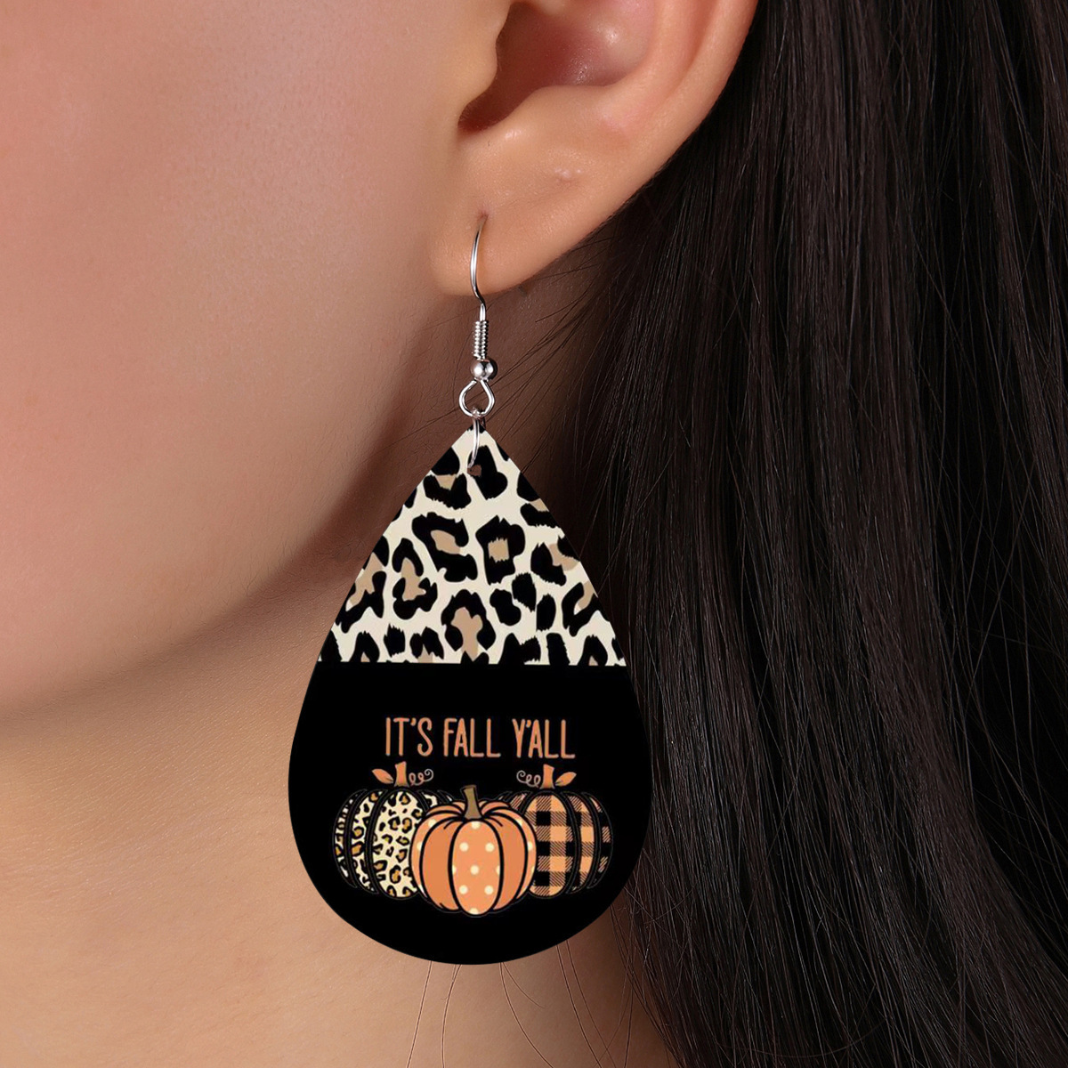 跨境万圣节复古豹纹南瓜皮耳环创意拼接豹纹南瓜pu双面印刷皮耳环