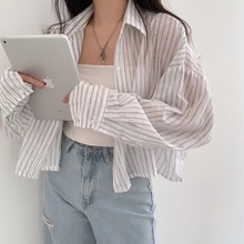 慵懒风长袖衬衫防晒衣外套女复古条纹衬衣宽松显瘦短款休闲上衣夏