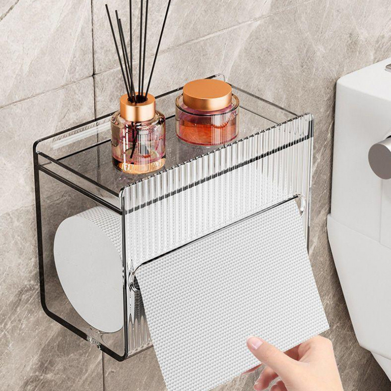 New wall-mounted toilet tissue box, no-drill required, transparent household toilet paper storage box