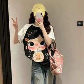 韩系可爱风卡通印花波点圆领插肩短袖t恤女宽松百搭慵懒休闲上衣