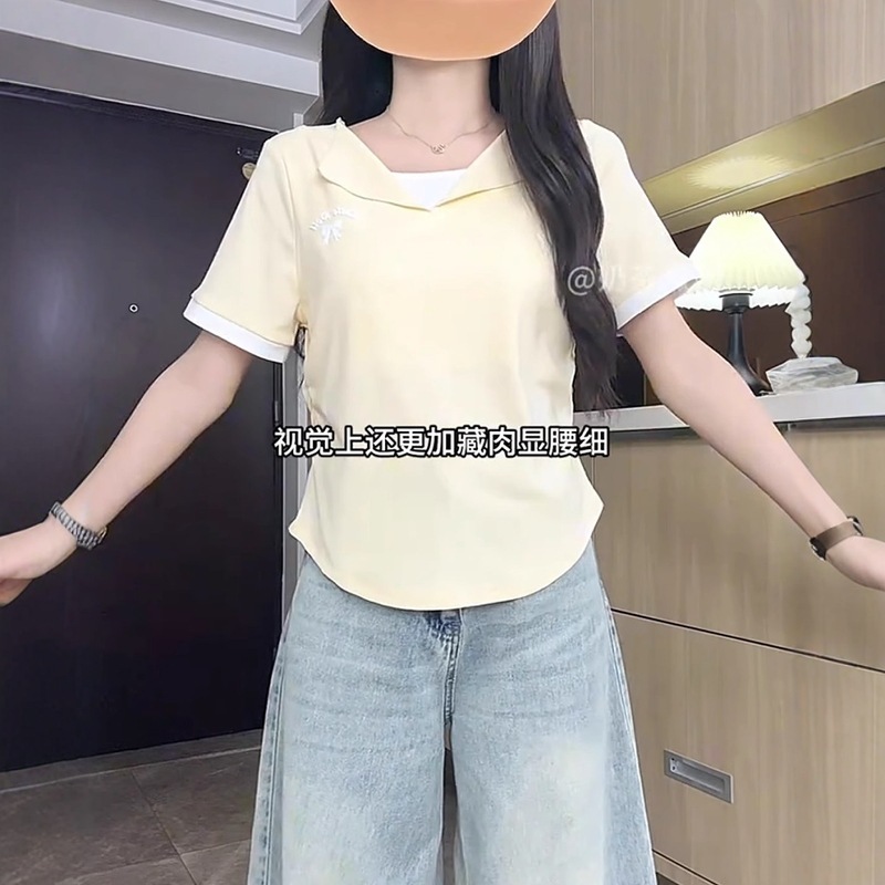 纯欲风大码正肩T恤女时尚翻领显瘦短袖夏季胖MM收腰褶皱刺绣上衣|undefined