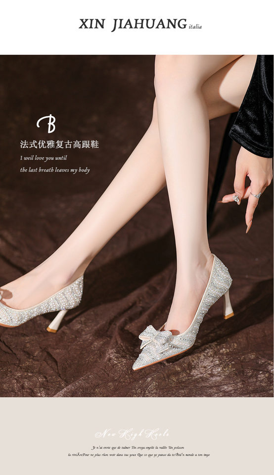 Giày cao gót nữ mũi nhọn gót thanh mảnh đính đá nơ bướm, giày cưới cô dâu gót 6–8 cm — Màu mơ chi tiết 2