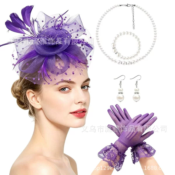 European and American bridal headpiece set with gloves, necklace, earrings, party performance headwear, hair accessories, vintage mesh top hat set