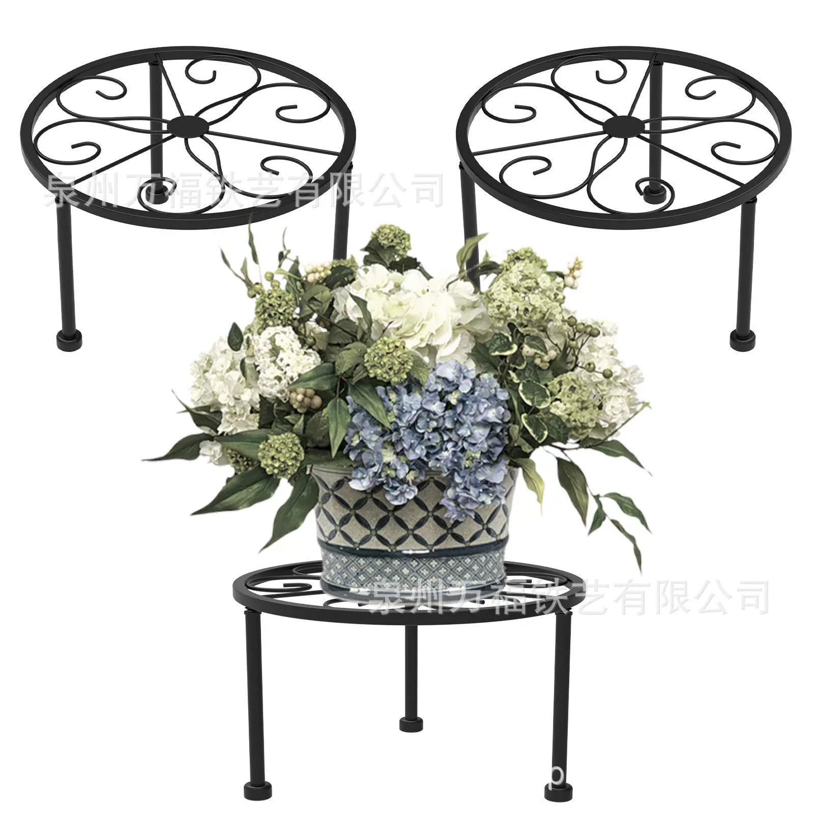 3件套黑色植物架户外金属花盆架花园圆形容器支架室内地板窗台桌