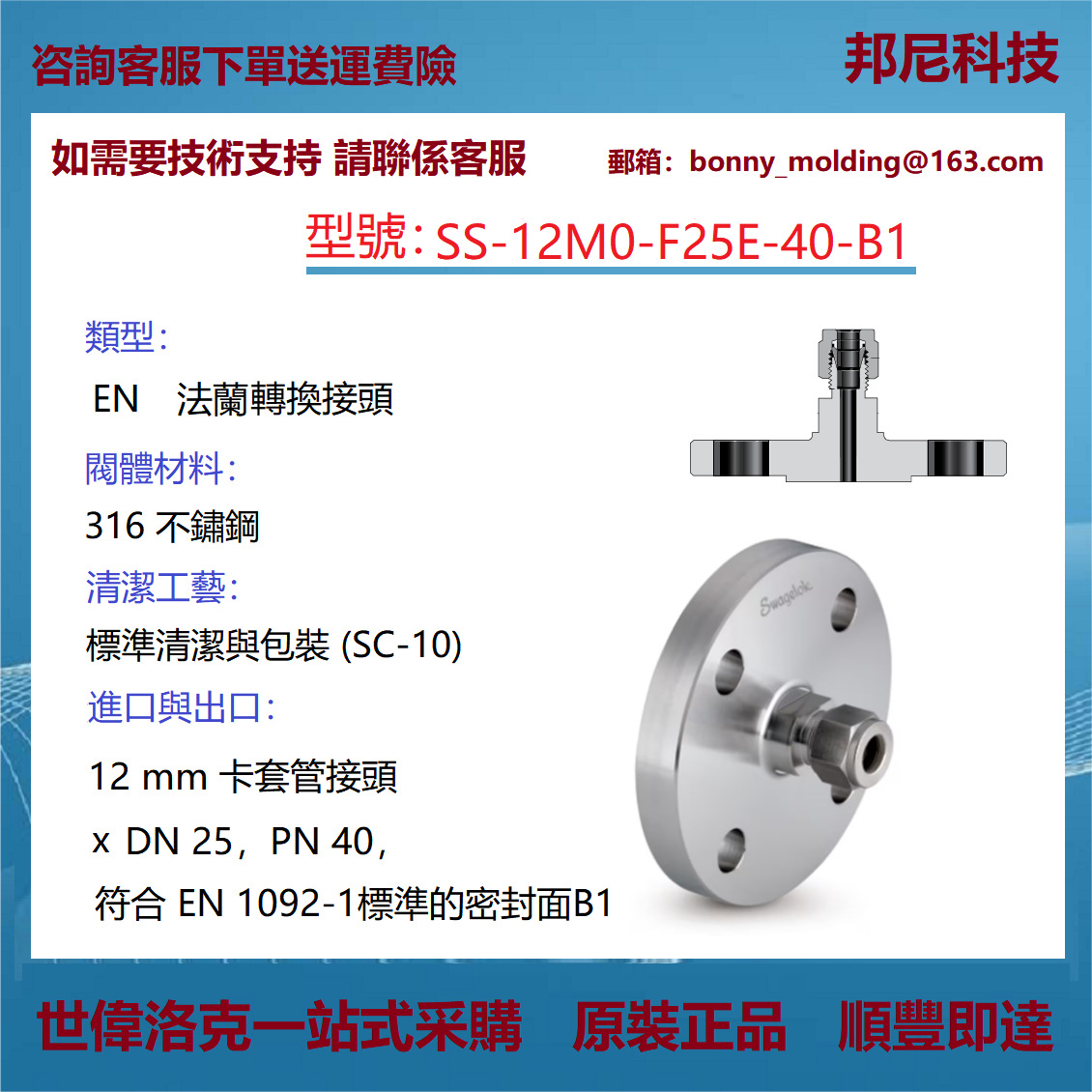 SS-12M0-F25E-40-B1世伟洛克 Swagelok 不锈钢 EN 法兰转换接头
