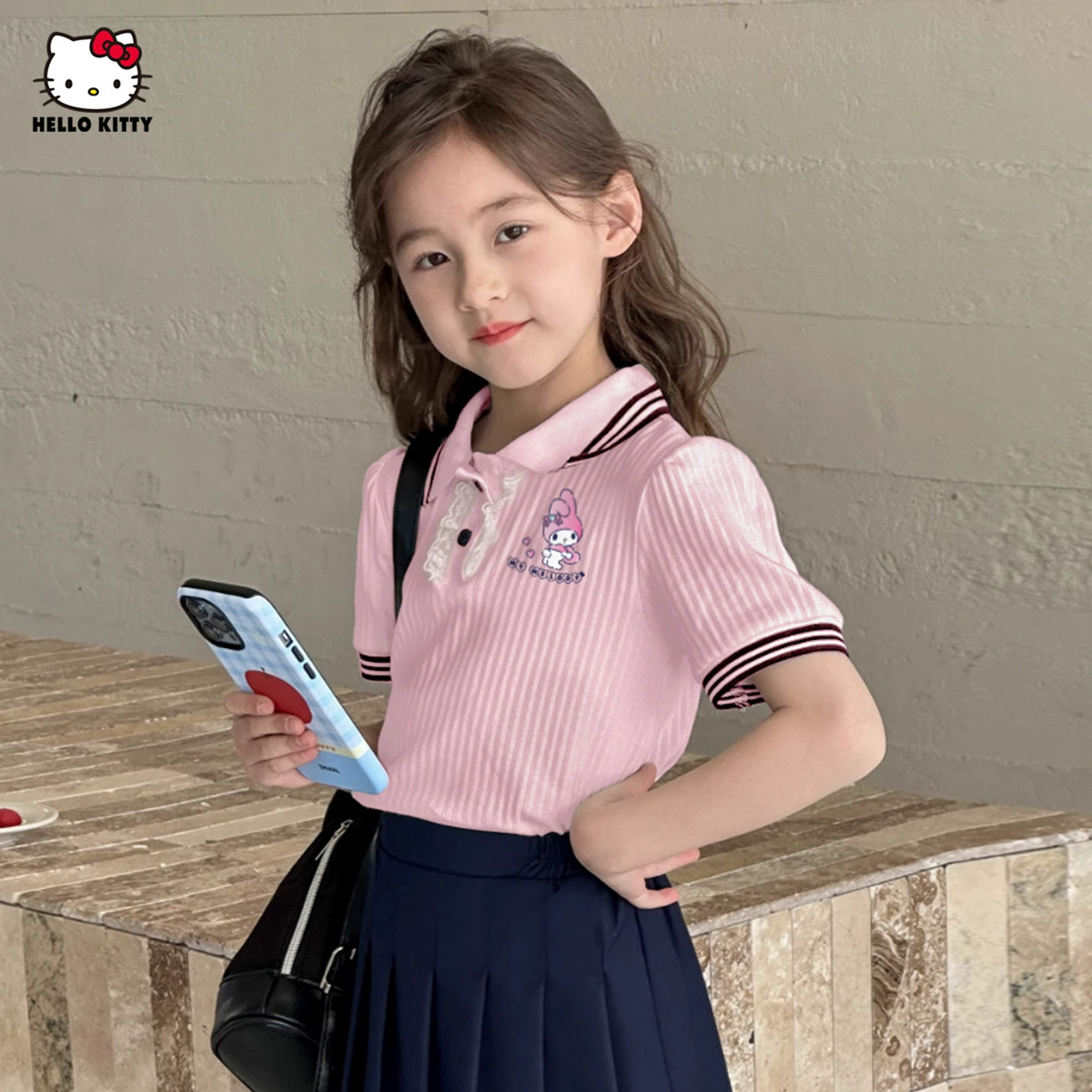 Летняя футболка Hello Kitty для девочек, новинка 2025 года, милый топ с воротником-поло для маленьких девочек