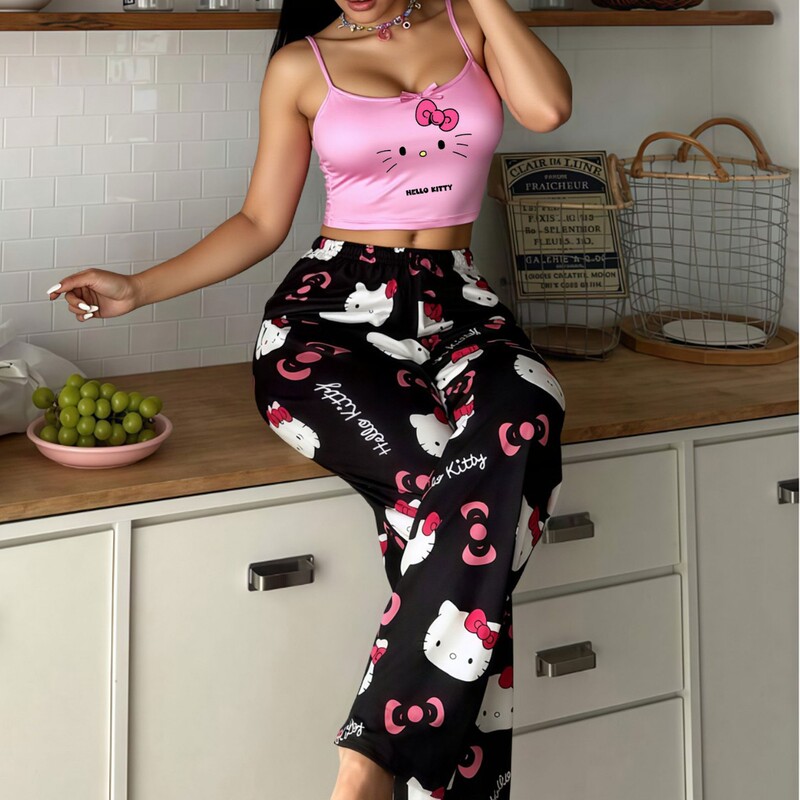 Cross-Border Cute Printed Camisole Sexy Loungewear Set Plus Size New Pajamas Women's Long Pants Sleepwear Hot-Selling Tank Top