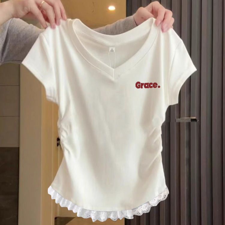 2025 New Korean Lace T-Shirt Short-Sleeved Women's Niche Sweet and Gentle Style Light Blue V Neck Slim Inner Top 2025 New Korean Lace T-Shirt Short-Sleeved Women's Niche Sweet and Gentle Style Light Blue V Neck Slim Inner Top
