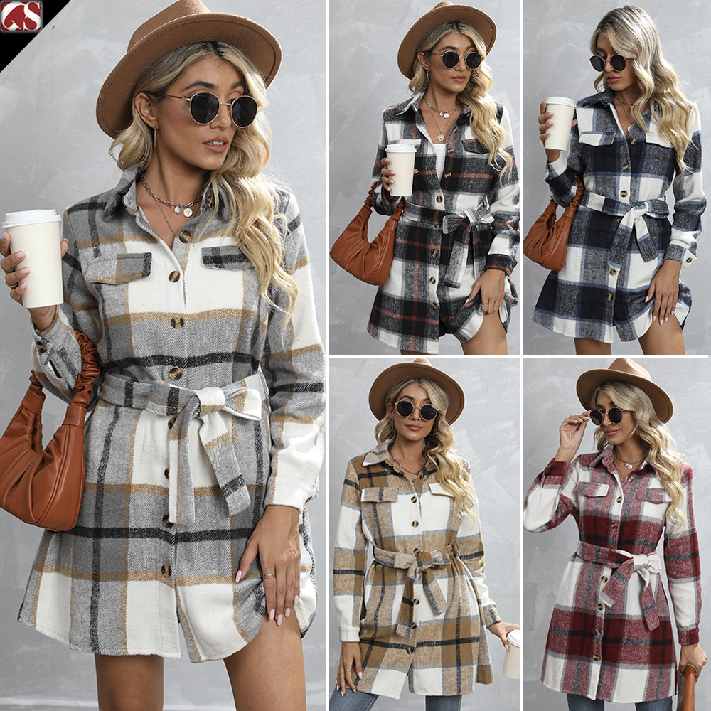 2022秋冬亚马逊翻领单排扣腰带中长款格子宽松款通勤女式毛呢外套