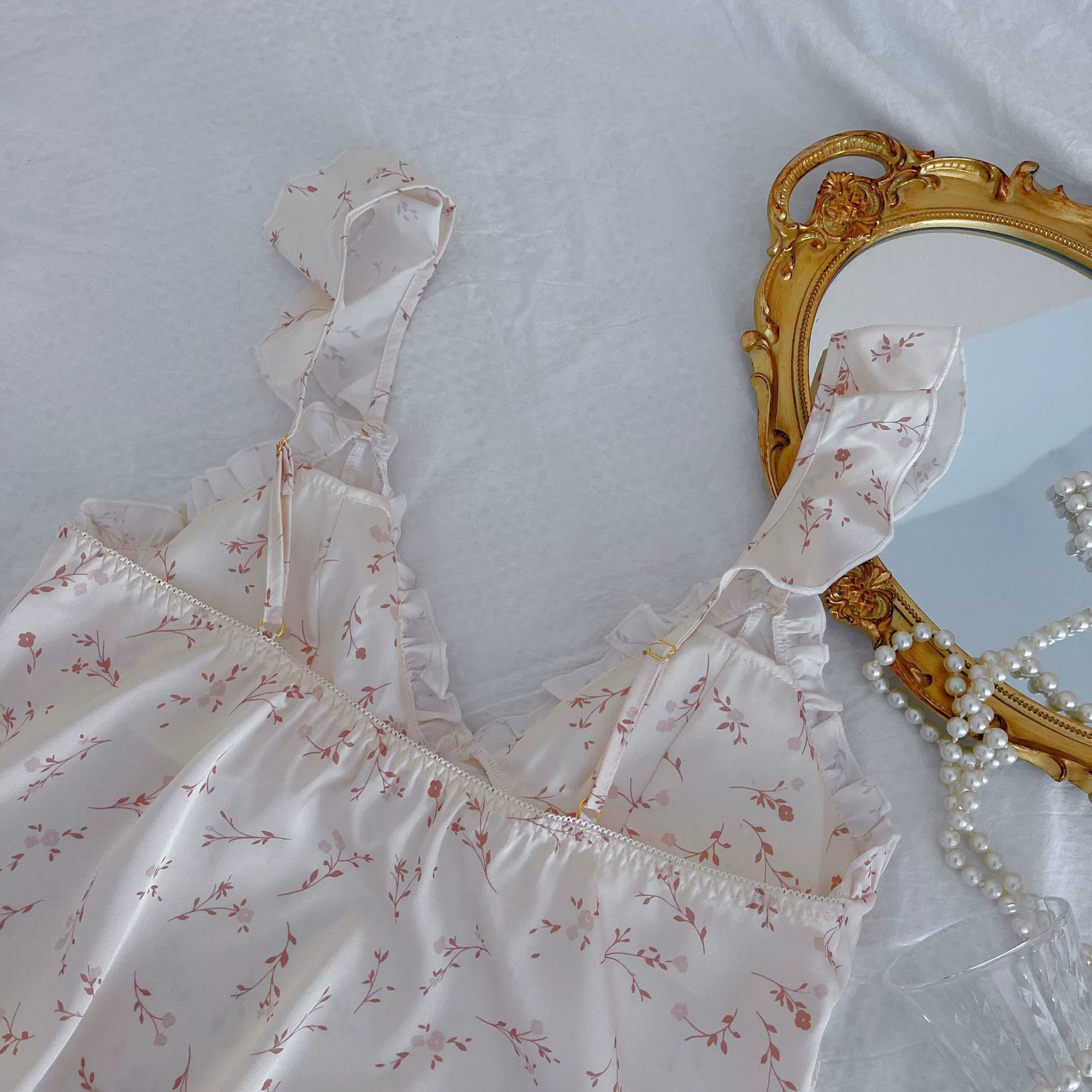 Pijama, set, flower arrangements, top with cups, french style, lifting effect, floral print