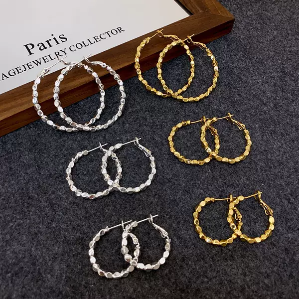 Copper Gold-Plated Exaggerated European and American Style Beaded Silver Hoop Earrings for Women, New Light Luxury High-End Versatile Earrings