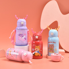 Children's cartoon deer antler insulated cup stainless steel strap portable bouncing cup stainless steel vacuum cute straw cup