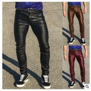 Cross-border New European and American Punk Plus Size Men's Tight Elastic Teenager Low Waist Personalized Fashion Casual Leather Trendy Pants