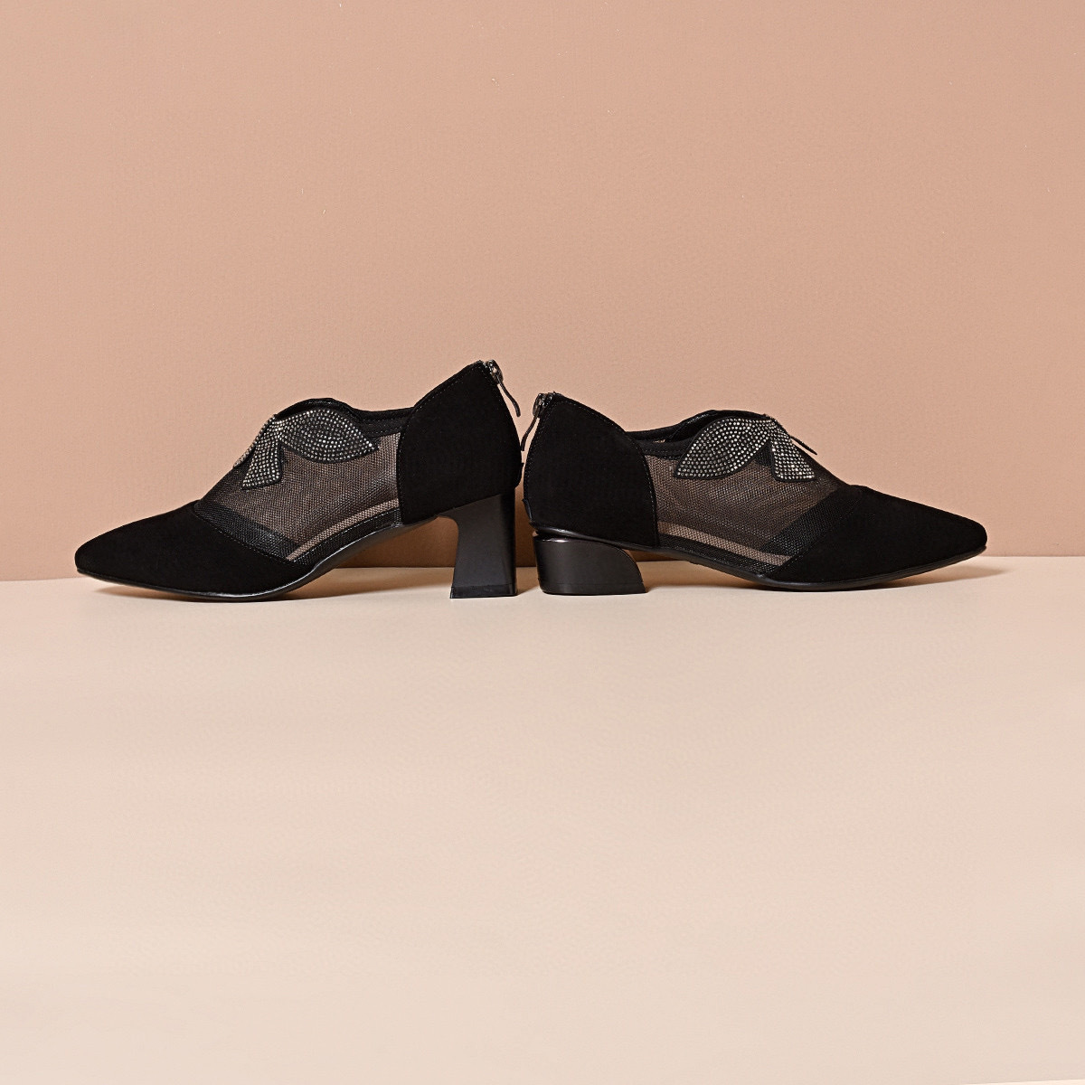 Giày sandal nữ mũi nhọn da thật lưới đính đá gót vuông 3 cm thoáng khí — Đen--3CM chi tiết 9