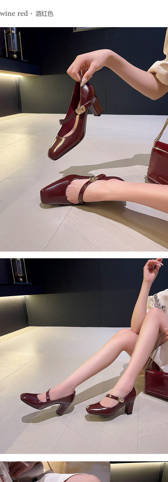 Giày cao gót nữ mũi vuông quai ngang khóa cài gót dày 6–8 cm — Màu trắng nhạt, rượu vang đỏ, đen chi tiết 9