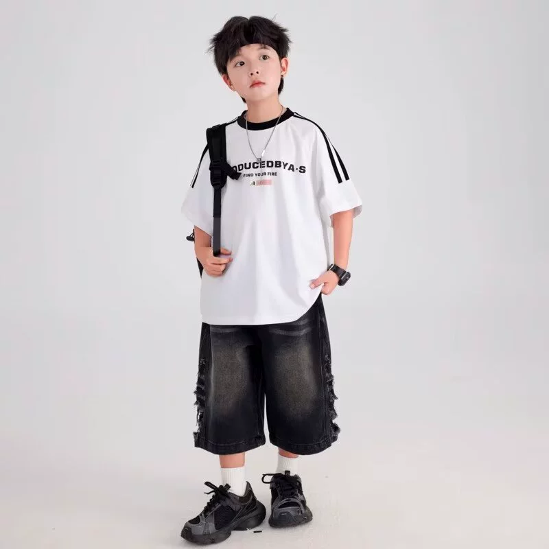 Летняя мотоциклетная спортивная семейная футболка в корейском стиле для мальчиков, новинка 2025 года, модный детский ледяной топ с половиной рукавов