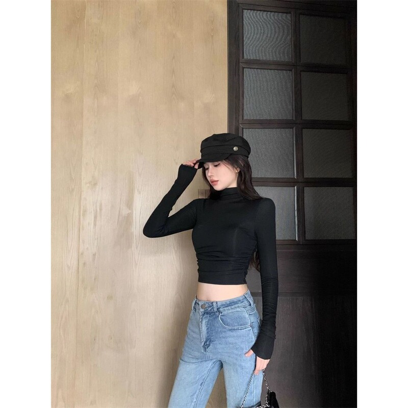 Tight-Fitting Figure-Showing Jumpsuit 2025 Sexy Retro Style Design Niche High-Neck Bottoming Shirt T-Shirt Top