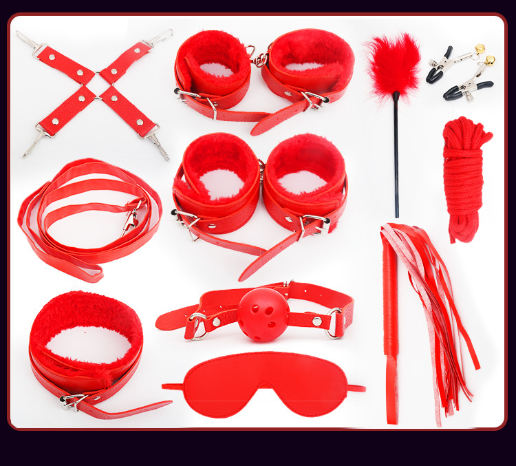 Leather Bondage Set 10-Piece with Plush Lining, Restraints and Whip, Black — detail image 8