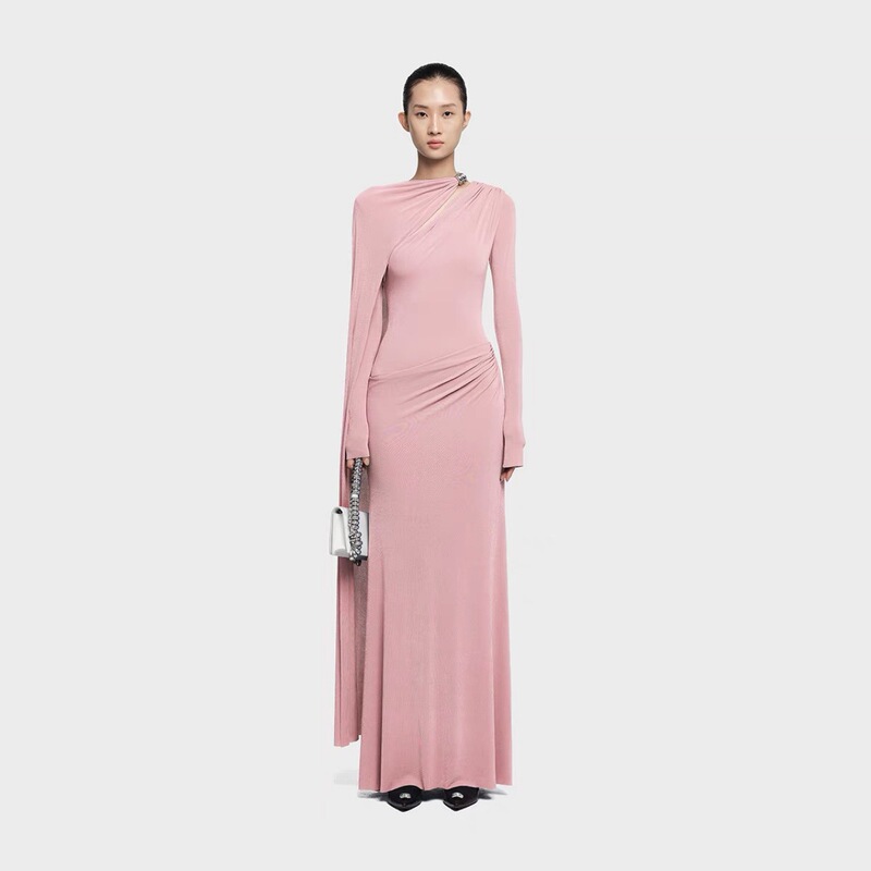 Spot Vietnamese Designer Niche Ribbon Metal Buckle Dress Pure Color Slim Asymmetrical Pleated Floor-Length Skirt