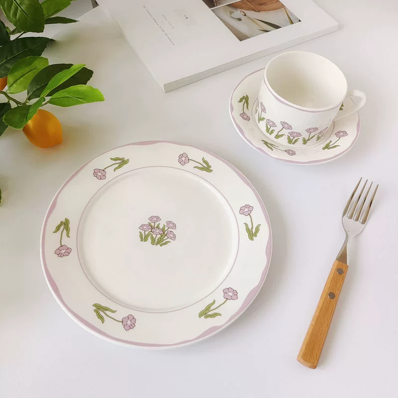 Coffee ceramic dinner plate, purple tableware, french style