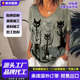 复古女式 T恤动漫猫图案印花夏季V领短袖女式原宿街头服饰T恤女式