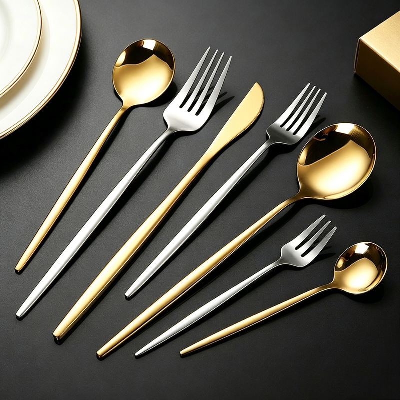 Cross-Border Stainless Steel Portuguese Knife, Fork, and Spoon Cutlery Set of Four Pieces, Gold-Plated Western Cutlery, Steak Knife, Fork, Dessert Spoon Cross-Border Stainless Steel Portuguese Knife, Fork, and Spoon Cutlery Set of Four Pieces, Gold-Plated Western Cutlery, Steak Knife, Fork, Dessert Spoon