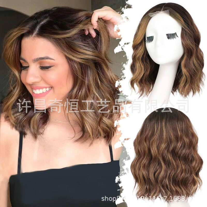 Xuchang lace front wig, bob style short curly hair, natural medium-parted synthetic fiber wig for women, full head wig Xuchang lace front wig, bob style short curly hair, natural medium-parted synthetic fiber wig for women, full head wig