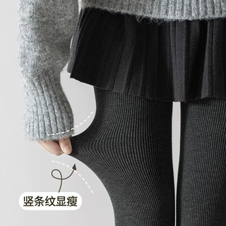 连裤袜外穿薄款高弹显瘦加绒女裤子秋冬纯色打底裤一线档细竖条纹