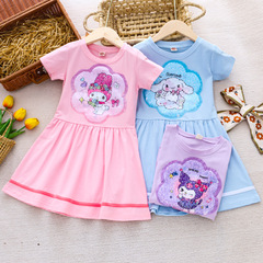 Children's Summer Dress for Girls, Short Sleeve Floral Gown, Little Girl Color-Changing Sparkling Princess Dress, Cartoon Cotton, Overseas Trade, Dropshipping One Piece
