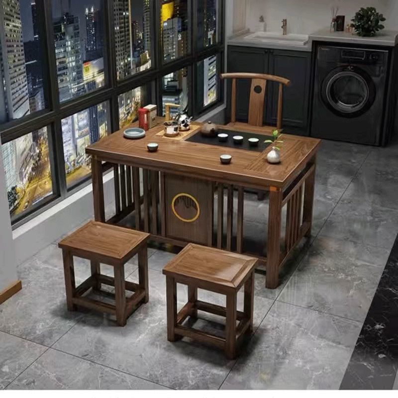 新しい中国風のバルコニーティーテーブルと椅子の組み合わせ無垢材ティーテーブル小さなアパートのティーテーブルオールインワンティーテーブルセット|undefined