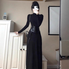 美式复古修身辣妹黑色长袖连衣裙女早秋季新款收腰显瘦鱼尾长裙子