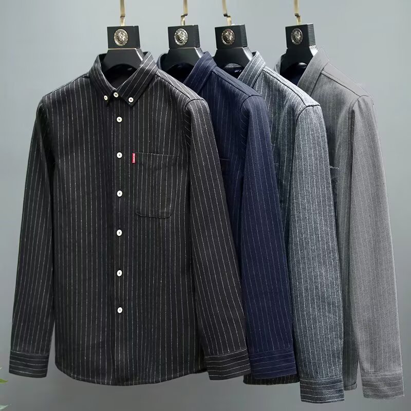 2025 Handsome Striped Shirt Men's Long Sleeve Shirt Men's Jacket Student Korean Style Trendy Loose Vertical Striped Clothes