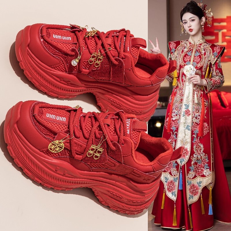 Xiuhe Wedding Shoes for Women 2025 New Bridal Shoes Spring & Fall Breathable Dad Shoes Heightening Thick-Soled Sports Red Wedding Shoes