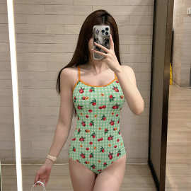 专业泳衣比基尼竞速美背格子甜美樱桃印花遮肚显瘦连体泳装温泉游