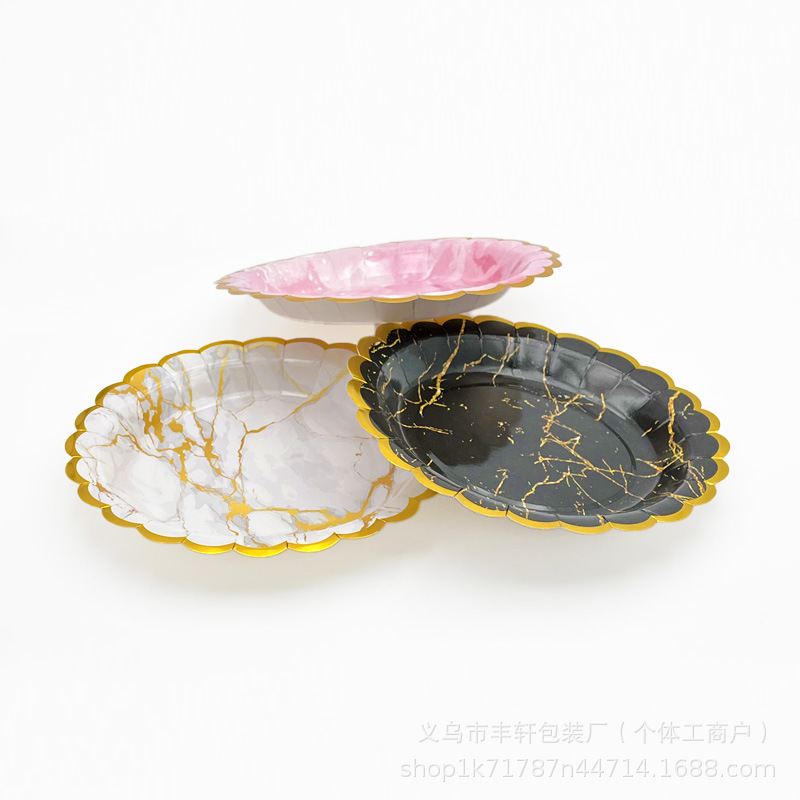 Plato de papel desechable conjunto de tazas de papel para fiesta doméstica comercial europea estampado patrón de mármol platos de papel de cumpleaños