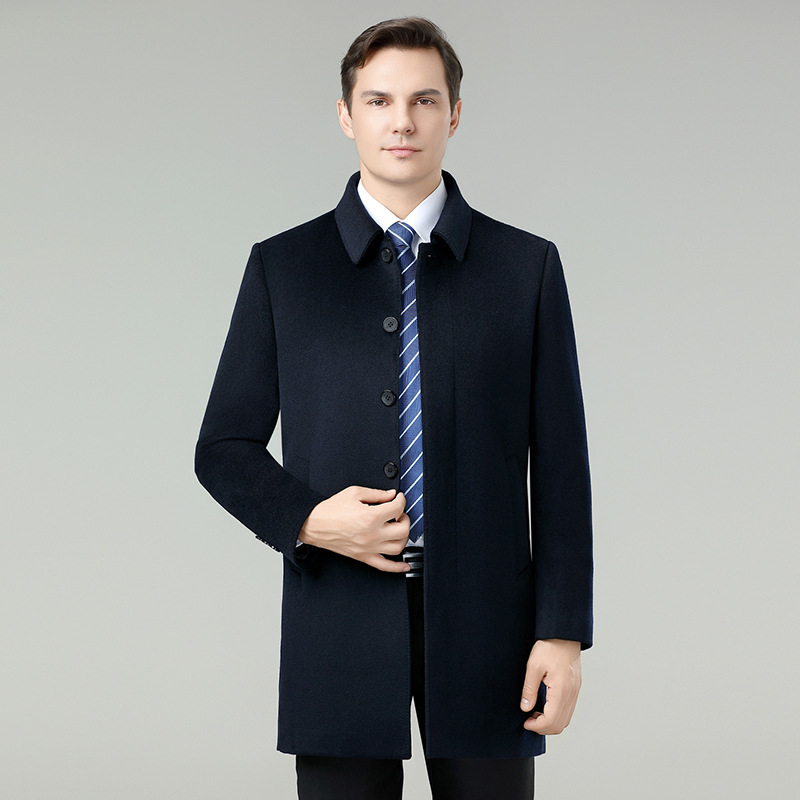 高档100%绵羊毛大衣男商务休闲中老年爸爸外套免烫男装中长款风衣