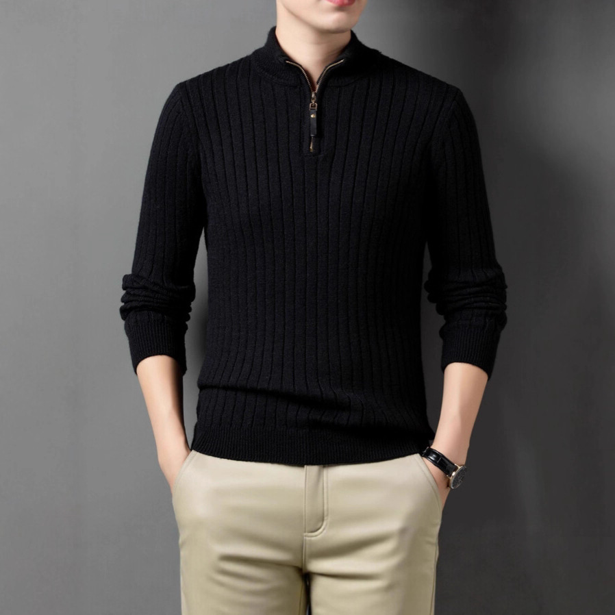 New Autumn And Winter Stand-up Collar Zippered Knit Sweater For Men, Jacquard Striped Business Casual Long-sleeve Base_voghion.com