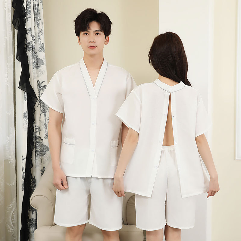 华夫格艾灸服纯棉前后开衫按摩服 艾灸理疗服养生足疗服现货批发
