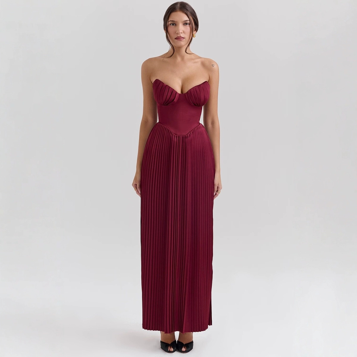 European and American style sexy women's cross-border Amazon wine red pleated waist strapless dress women's Christmas dress dress