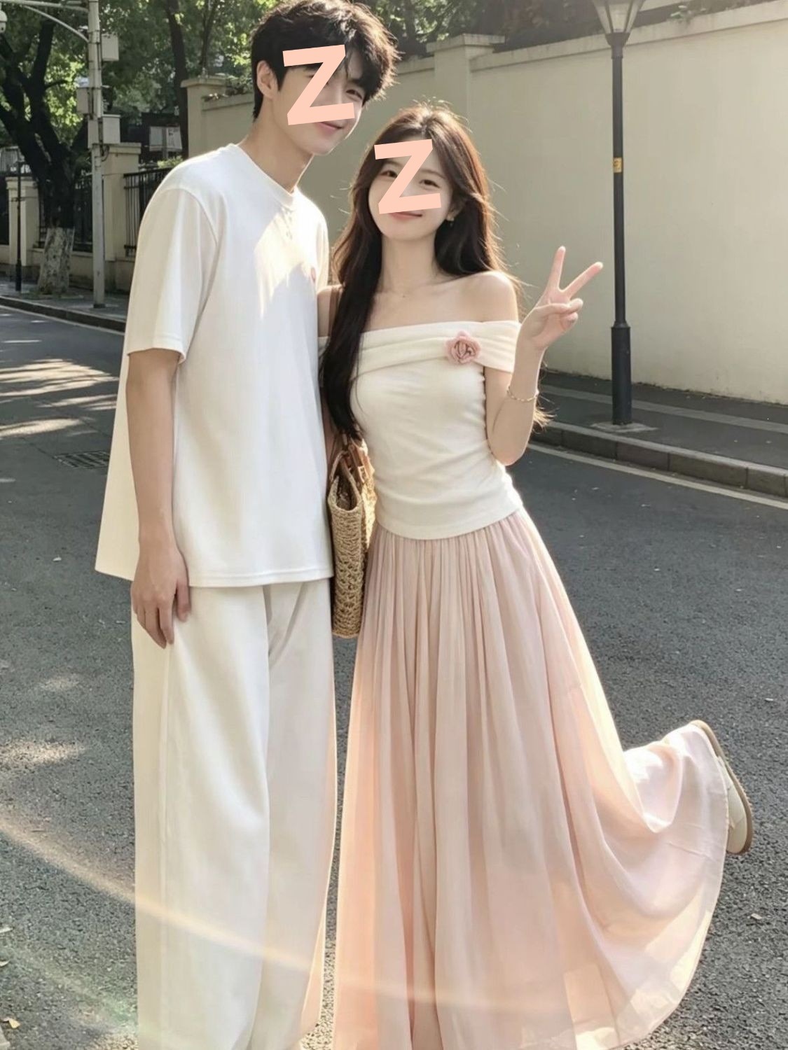 Couple outfits, fresh summer vacation style, off-shoulder short-sleeved midi skirt set, fashionable French style long skirt, factory direct sales.