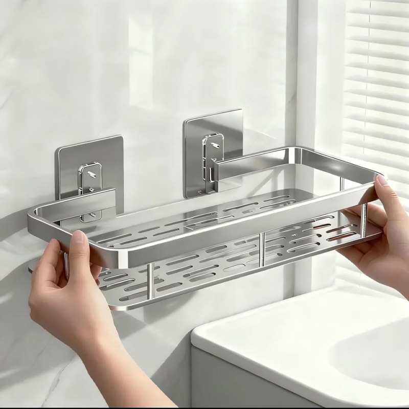 Space Aluminum Square Bathroom Shelf, No-Drill Wall-Mounted Storage Rack for Bathroom, Toilet, and Kitchen