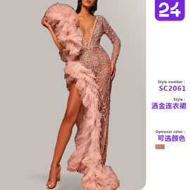 2025跨境新款跨境欧美女装亚马逊连衣裙性感亮片长袖不规则晚礼服