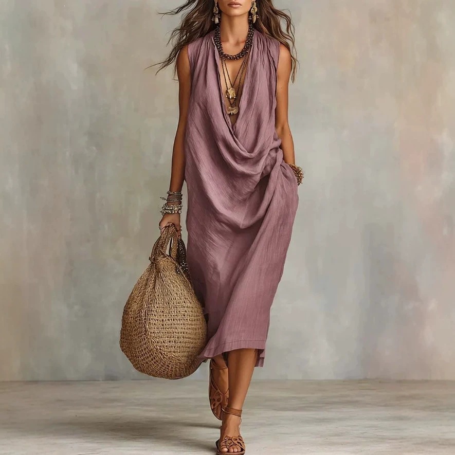 2026 European and American Cross-Border Amazon Women's Casual Sleeveless Loose Swing-Neck Beach Vacation Style Dress